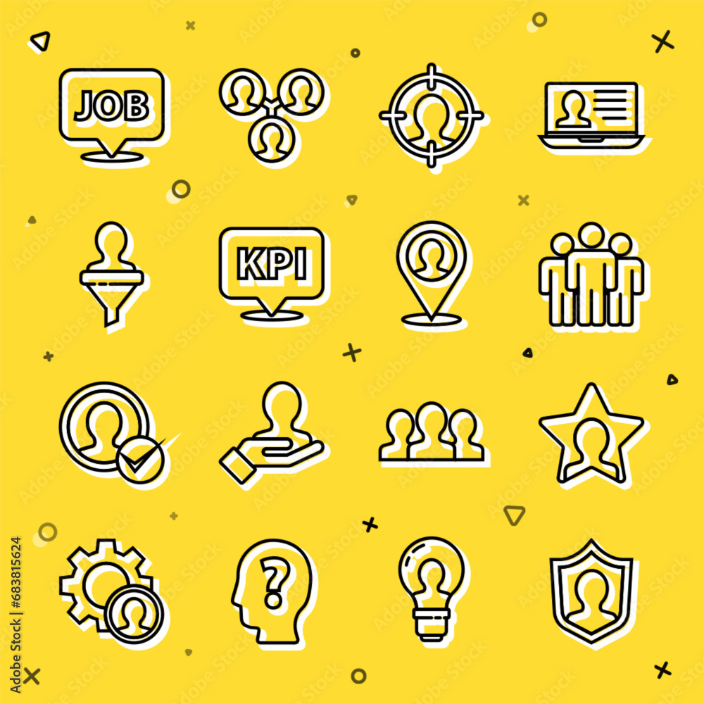 Poster set line user protection, head hunting, users group, key performance indicator, speech bubble with j