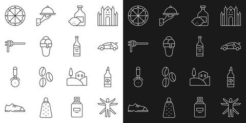 Set line Vitruvian Man, Bottle of olive oil, Sport racing car, Limoncello bottle, Ice cream, Pasta spaghetti, Pizza and wine icon. Vector