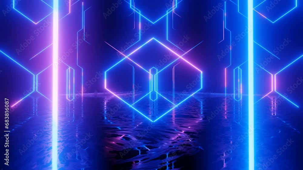 Poster neon design, abstract pattern with glow blue lines. 4k video with various neon elements and a reflec