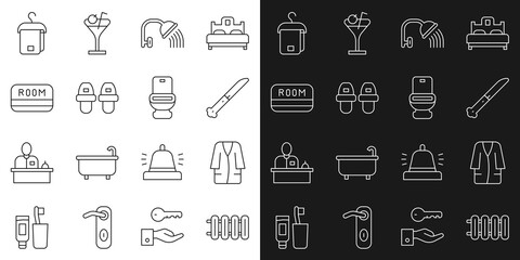 Set line Heating radiator, Bathrobe, Knife, Shower head, Hotel slippers, key card, Towel on hanger and Toilet bowl icon. Vector