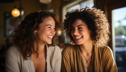 Obraz premium Two multiracial young women laughing and having fun. Overjoyed young multiethnic girlfriends have fun together. Smiling happy millennial diverse female friends laugh entertain. Diversity, 