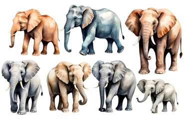 set of watercolor cute safari elephants isolated on transparent backgound