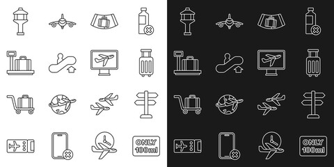 Set line Liquids in carry-on baggage, Road traffic sign, Suitcase, Conveyor belt with suitcase, Escalator up, Scale, Airport control tower and Plane icon. Vector