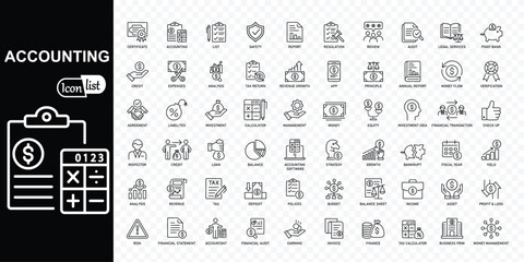 Accounting editable stroke  icons set.  Accountant, financial, business firm tax, statement, calculator, and balance sheet icons .  Vector illustration - obrazy, fototapety, plakaty