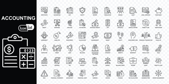 Accounting editable stroke  icons set.  Accountant, financial, business firm tax, statement, calculator, and balance sheet icons .  Vector illustration
