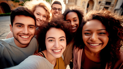 Obraz premium MULTIETHNIC HAPPY GROUP OF YOUNG PEOPLE TAKING SELFIE. legal AI 