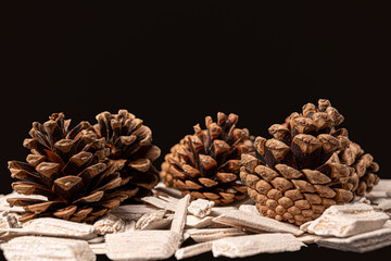 Black background with fir or pine cone and white stones