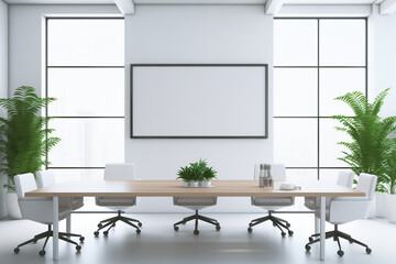 Perspective view of empty meeting conference room with big table set and facilities for large person groups on high rise office building with cityscape view outside windows. Generative AI. - Powered by Adobe