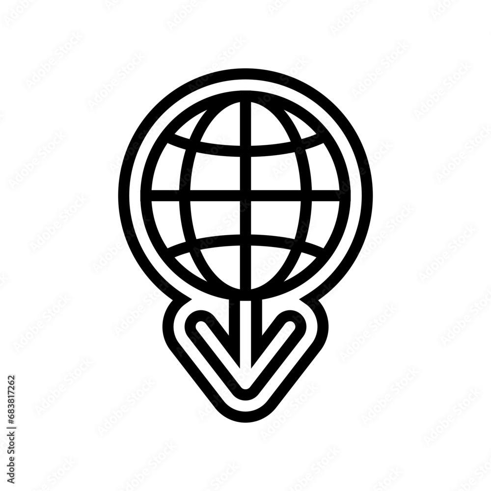 Poster planet down arrow download data line icon vector. planet down arrow download data sign. isolated con