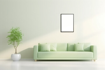 Wall Art frame mockup, sage green tint modern living room with sofa. Wall art poster frame on a light green wall.