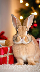 a portrait of a cute Christmas rabbit, soft light, Christmas background with giant presents and Christmas tree, cute animal, Xmas, funny, joy. Generative AI