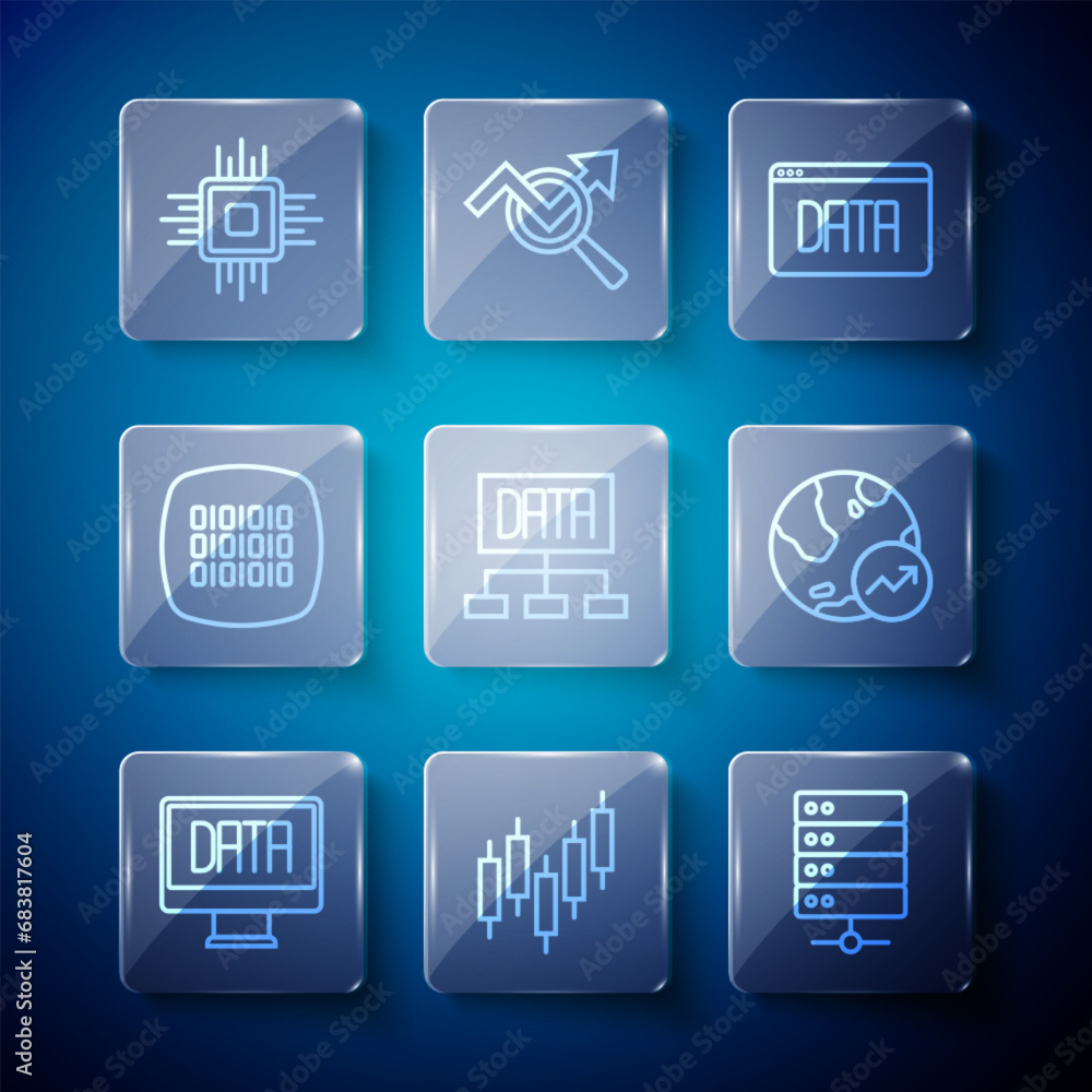 Poster set line data analysis, browser with stocks market, server, binary code, processor cpu and financial