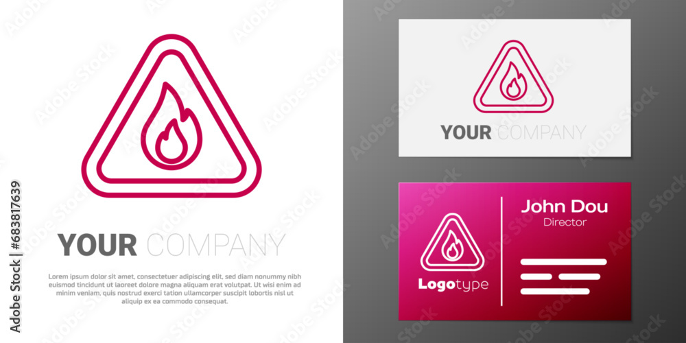 Poster logotype line fire flame in triangle icon isolated on white background. warning sign of flammable pr