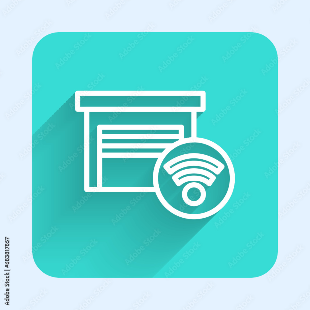 Poster white line smart garage icon isolated with long shadow. green square button. vector