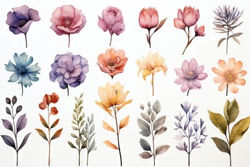 Abstract watercolor flowers, leaves, branches. Boho and multiple color palette with a white background. Vector, floral clipart.