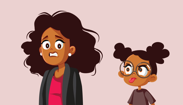 Rude Daughter Disrespecting her mother and Misbehaving Vector Cartoon. Disobedient girl acting out in a defined negative way in front of her mom

