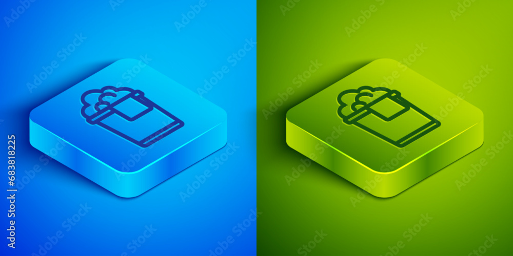 Aufkleber isometric line bucket with foam and bubbles icon isolated on blue and green background. cleaning ser
