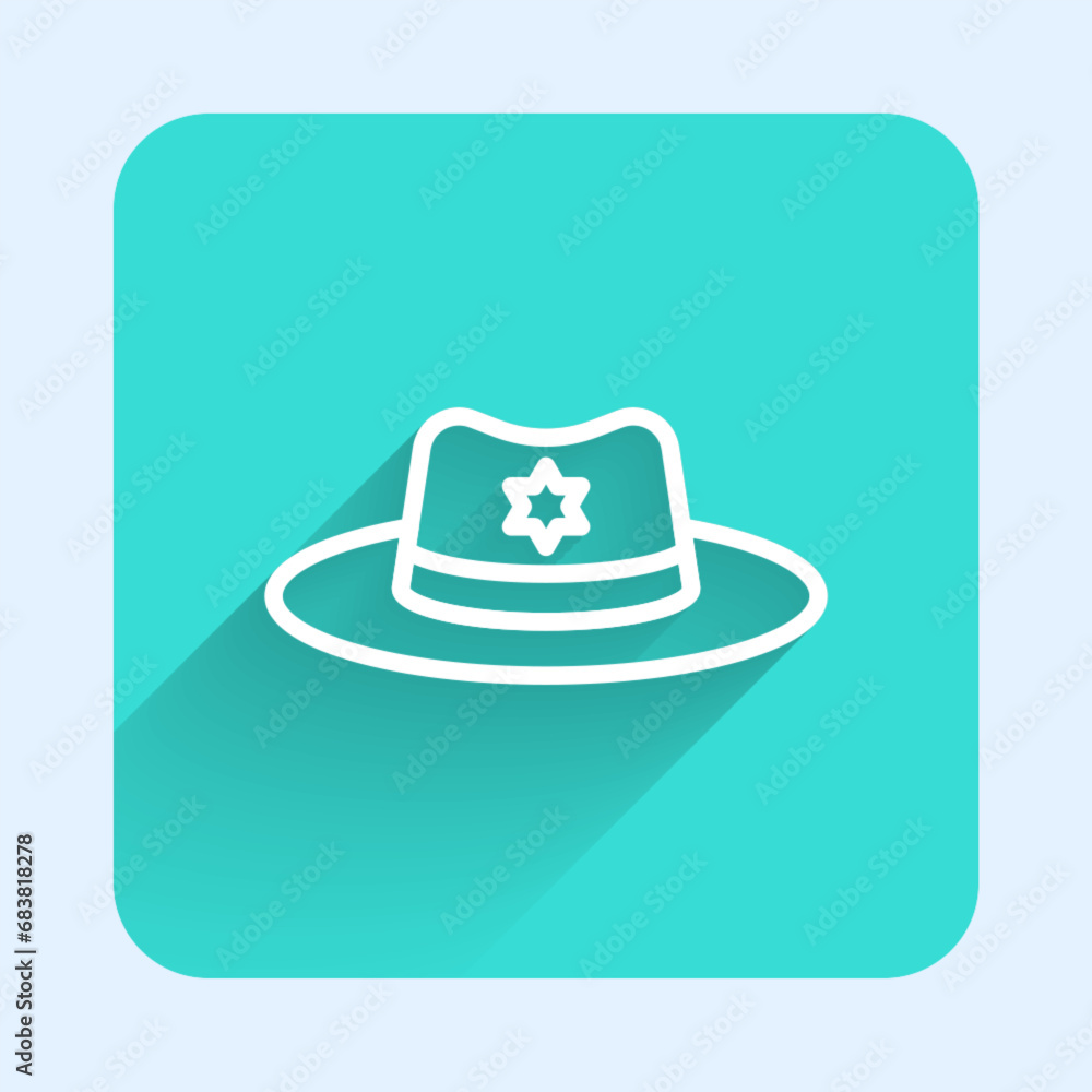Poster white line sheriff hat with badge icon isolated with long shadow background. green square button. ve