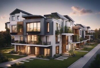 Modern eco-friendly multifamily homes with photovoltaic cells - obrazy, fototapety, plakaty