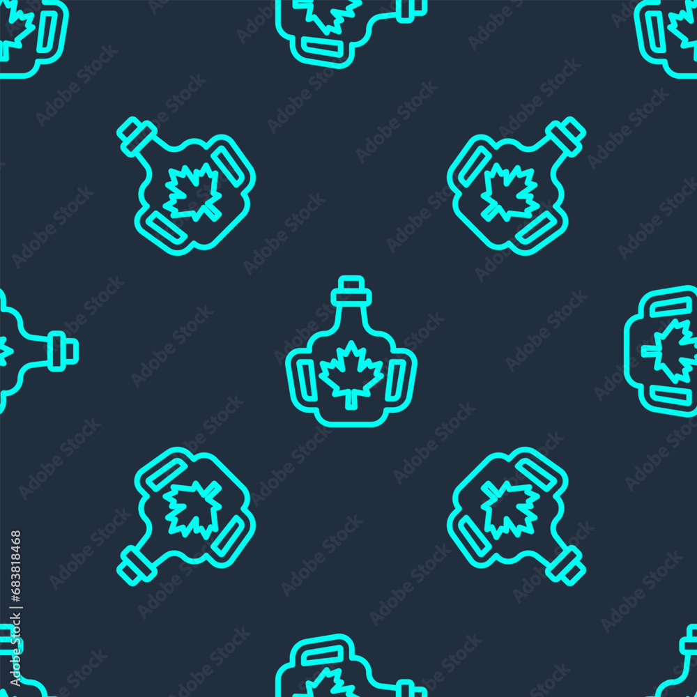Poster green line bottle of maple syrup icon isolated seamless pattern on blue background. vector