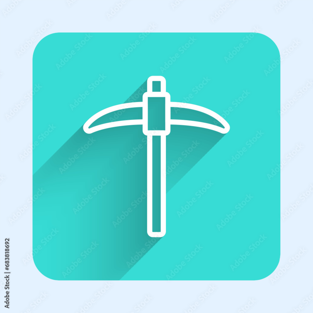 Poster white line pickaxe icon isolated with long shadow background. green square button. vector