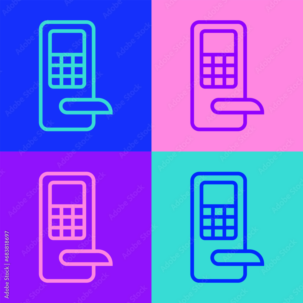 Poster pop art line digital door lock with wireless technology for unlock icon isolated on color background