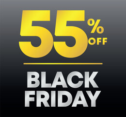 55% off. Special offer Black Friday sticker. Tag percent off price, value. Advertising for sales, promo, discount, shop. Campaign for retail, store. Vector, icon