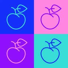Pop art line Peach fruit or nectarine with leaf icon isolated on color background. Vector
