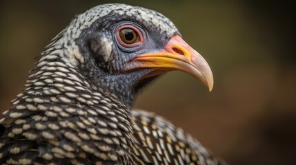 Beautiful close up of the ornate spotted pattern of a helmeted guinea fowl bird taken on safari in Nairobi National Park, Kenya.