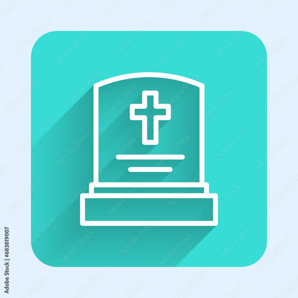 Poster white line grave with tombstone icon isolated with long shadow background. green square button. vect