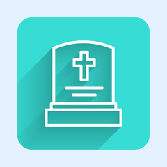White line Grave with tombstone icon isolated with long shadow background. Green square button. Vector