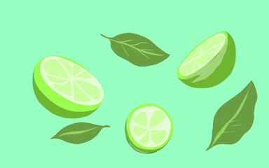 background of several lime slices and leaves, with a gradient background of blue and green