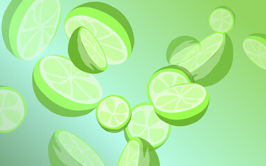 some sliced lime and leaves, with a green gradation background