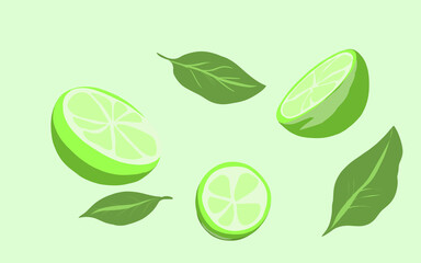 background of several lime slices and leaves, with a green background