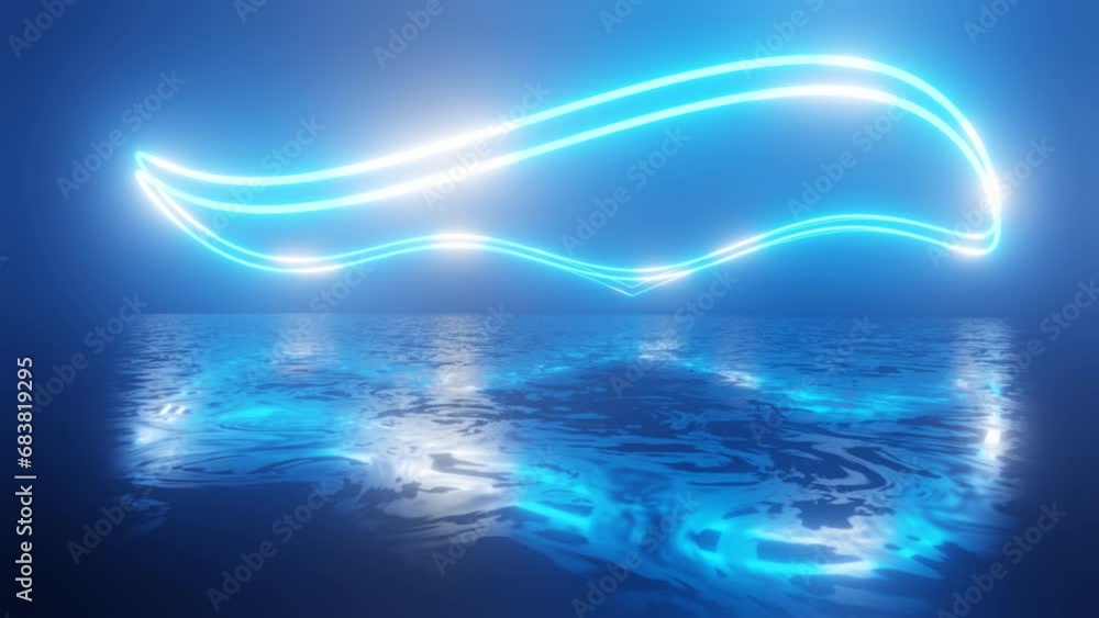 Poster neon curved rings spin. neon design 4k video with various neon elements and a reflecting floor. loop