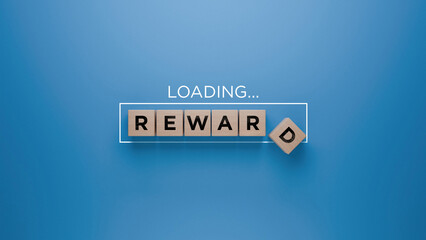 Wooden blocks spelling 'REWARD' with a loading progress bar on a blue background, incentive and...
