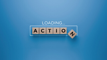 Wooden blocks spelling 'ACTION' with a loading progress bar on a blue background, initiative and...