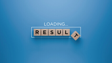 Wooden blocks spelling 'RESULT' with a loading progress bar on a blue background, outcome and success measurement concept