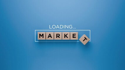 Wooden blocks spelling 'MARKET' with a loading progress bar on a blue background, economic trends...