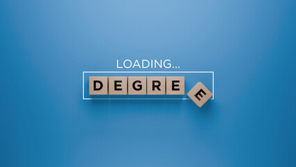 Wooden blocks spelling 'DEGREE' with a loading progress bar on a blue background, education and...