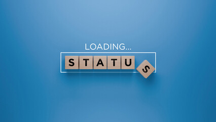 Wooden blocks spelling 'STATUS' with a loading progress bar on a blue background, social standing and ranking concept