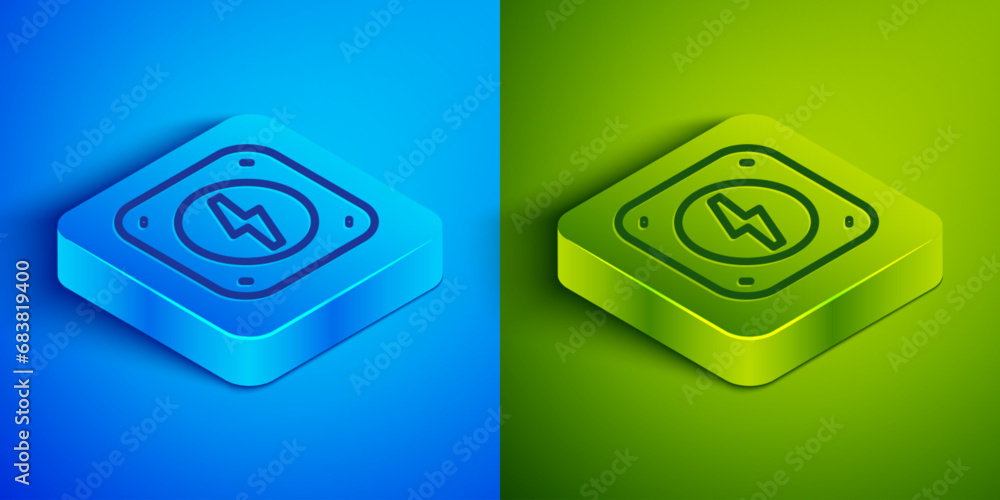 Poster isometric line lightning bolt icon isolated on blue and green background. flash sign. charge flash i