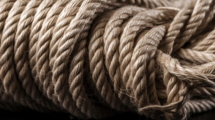 Close up of natural cotton rope. Thick cotton rope showing detail of threads and fibres, macro shot.