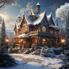 Fototapeta premium Charming woodwork on a frosty winter's eve