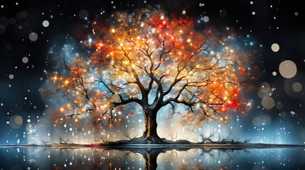 "Stellar Arboretum"
A lone, majestic tree stands under a celestial night sky, its leaves a fusion of autumnal colors that seem to echo the stars above, creating a breathtaking blend of earthly beauty  - Powered by Adobe