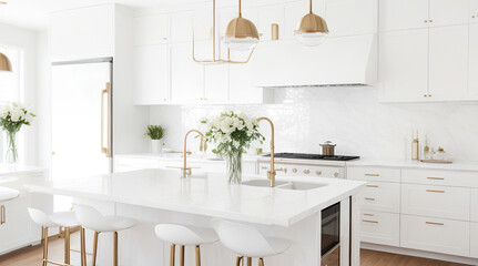 All-white contemporary kitchen with sleek cabinets. Minimalistic Style Interior for kitchen - Generative AI