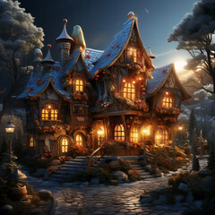 Fototapeta premium Snow-dusted cottage twinkles with holiday charm