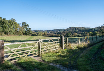 Wooden gate across a grassy meadow in the countryside. Captured on a bright and sunny morning