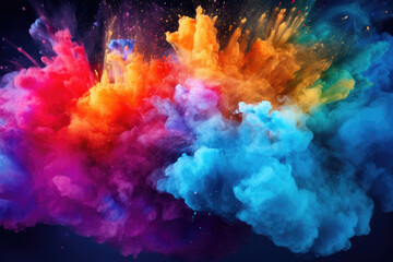 Colored powder explosion. Abstract closeup dust on backdrop. Colorful explode.