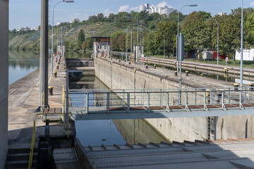 low level lock at Neckar river Hofen dam, Stuttgart, Germany - obrazy, fototapety, plakaty